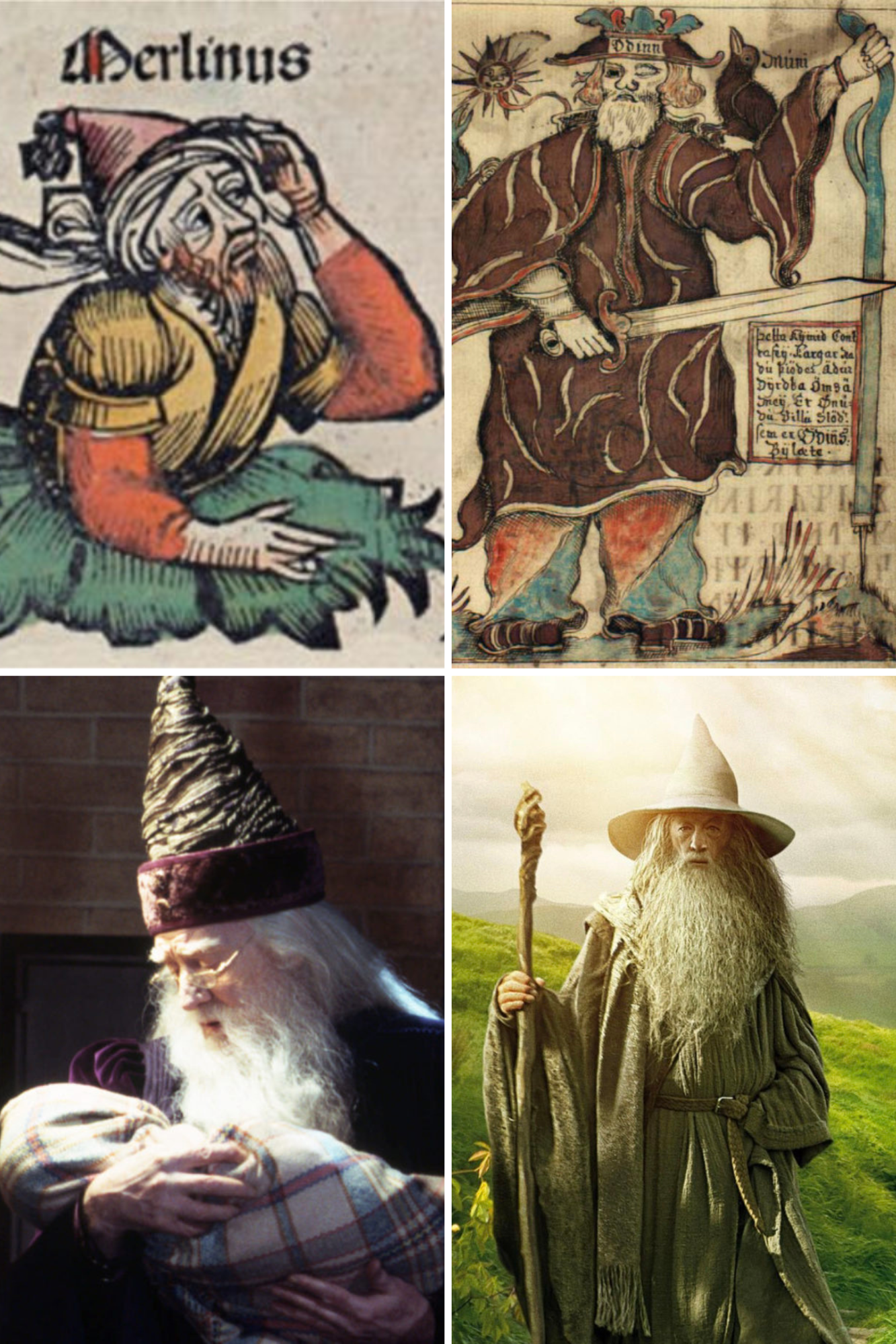 Top left to right: Merlin and Odin, Bottom left to right: Albus Dumbledore and Gandalf